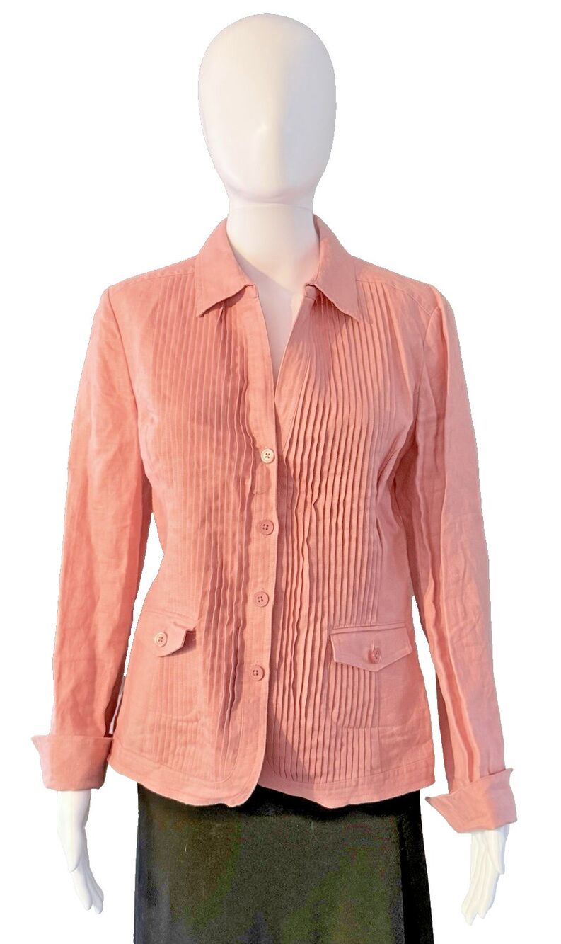 Jones New York 100% Linen Pintuck Jacket Blazer Button Front Pink Salmon SZ 10